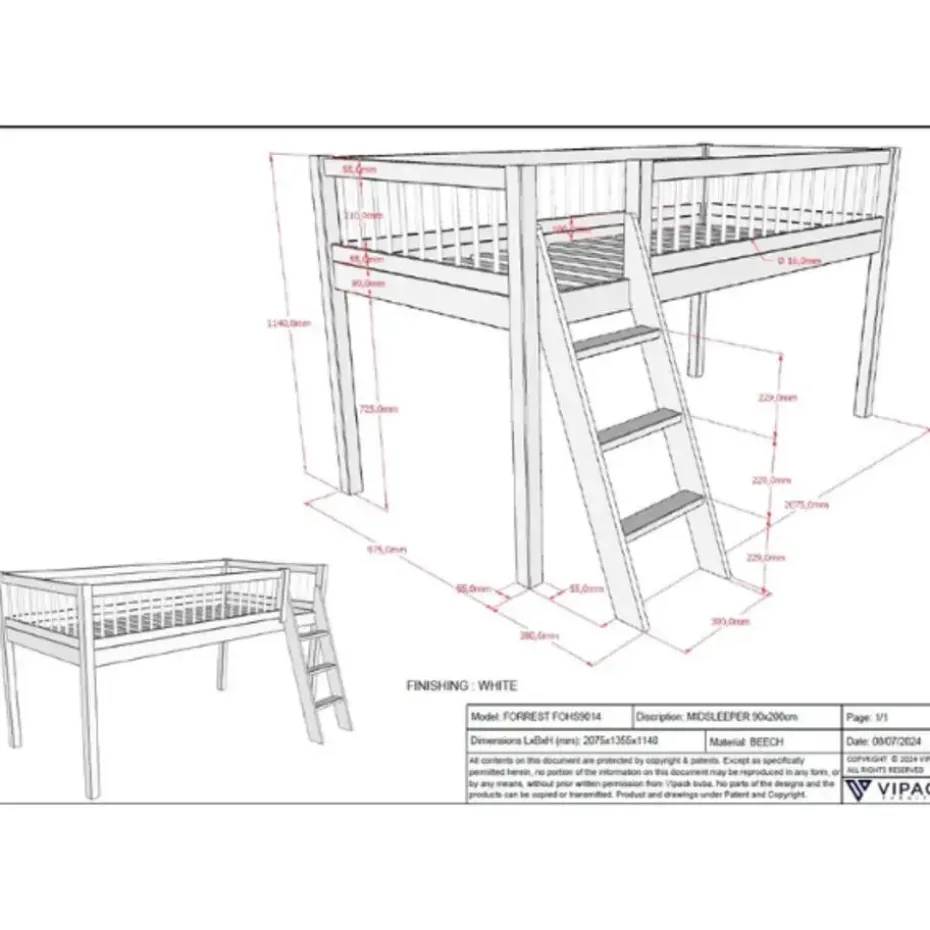 Halfhoogslaper Forrest 90x200cm - massief beukenhout - wit