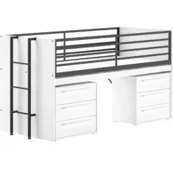Halfhoogslaper Sammie 90x200cm - met bureau en ladekasten - wit