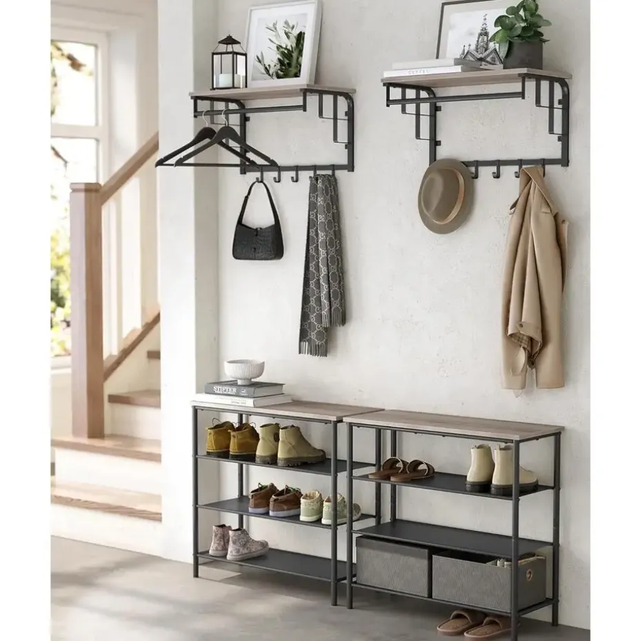 Hangende Kapstok met Plank, 5 haken - Grijs zwart