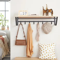 Hangende Kapstok voor Muur of Wand - 8 Haken en 1 Bar - 90 cm Lang - Lichte Eik