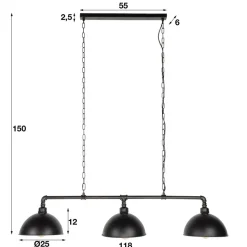 Hanglamp industrieel Abby 3-lichts buis zwart - 25x118x150 cm - Zwart - Zwart