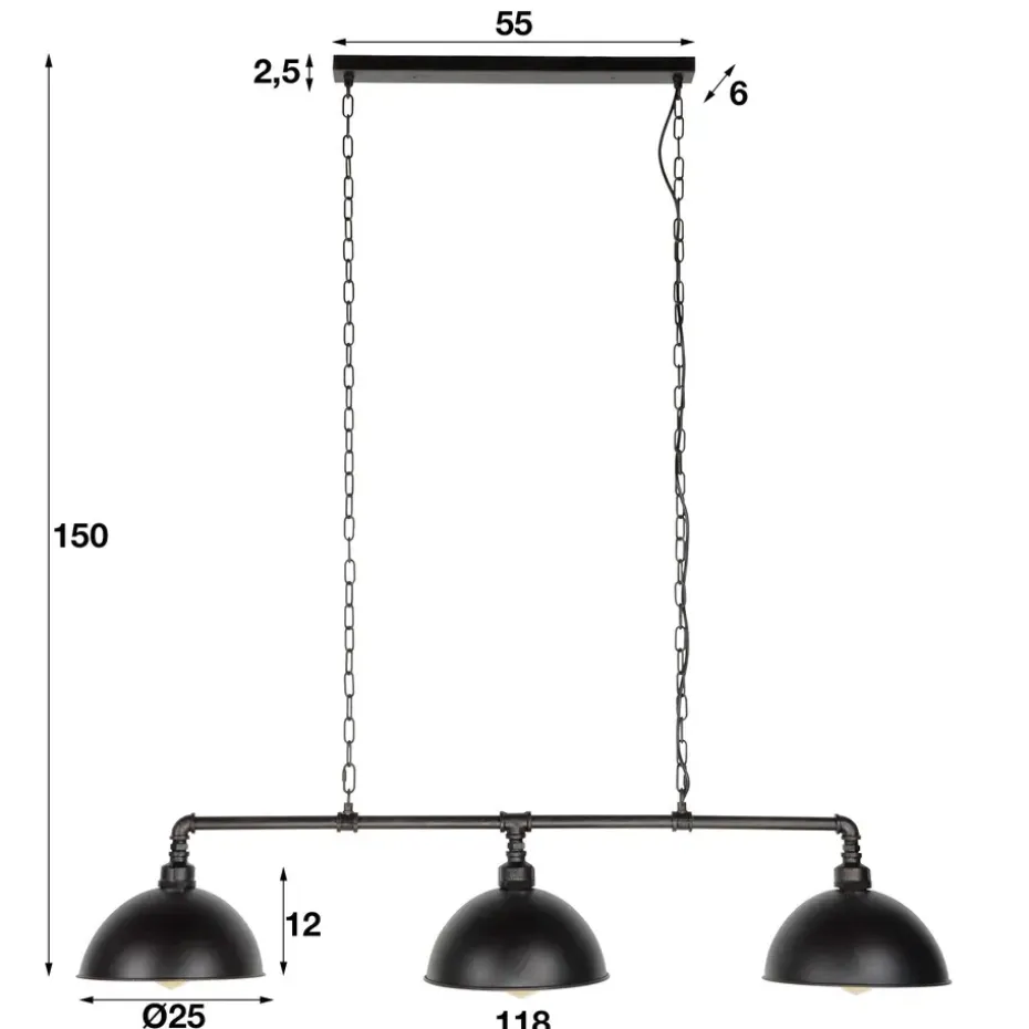 Hanglamp industrieel Abby 3-lichts buis zwart - 25x118x150 cm - Zwart - Zwart