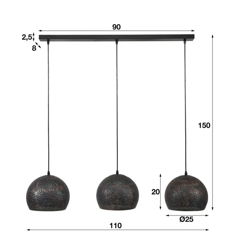 Hanglamp industrieel Aya 3-lichts zwart bruin 25x110x150 cm Zwart bruin