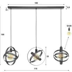 Hanglamp Yaya 3-lichts mesh - Metaal - Zwart