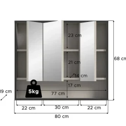 Hioshop Bagno spiegelkast 3 spiegeldeuren lichtgrijs- crèmekleurig
