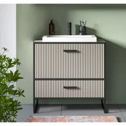 Hioshop Bagno wastafel incl wasbak 1 lade 1 klepdeur lichtgrijs- crèmekleurig