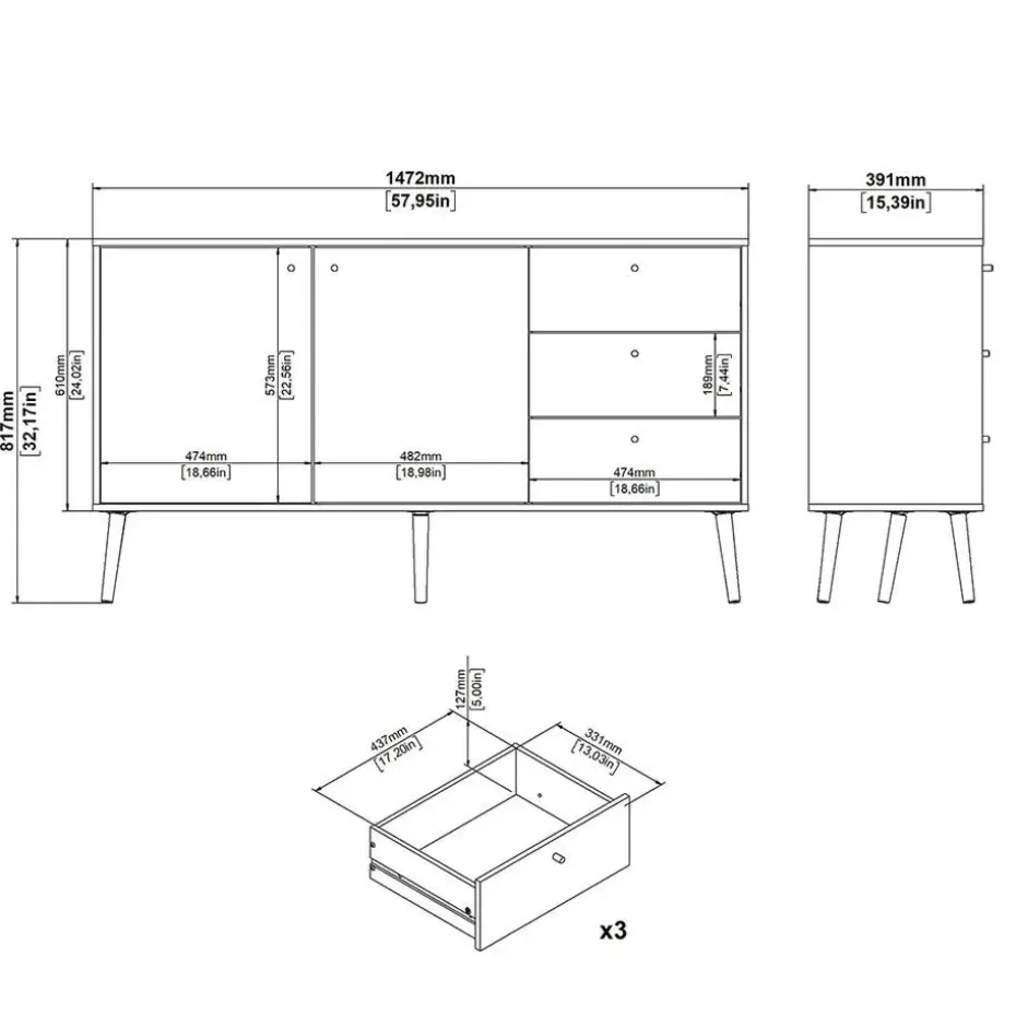 Hioshop Bodo dressoir 2 deuren- 3 lades matgrijs