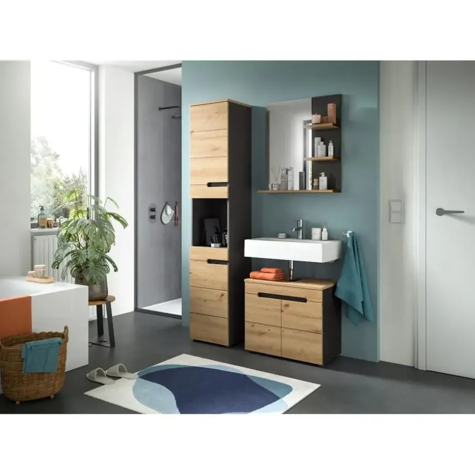 Hioshop Canu kolomkast 2 deuren- 1 plank eiken decor- grijs