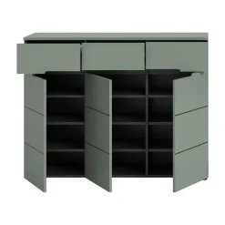 Hioshop Canu schoenenkast 3 deuren- 3 lades stofgroen- donkergrijs