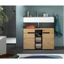 Hioshop Canu wastafel 2 deuren- 3 planken eiken decor- grijs