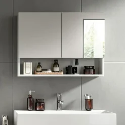 Hioshop Copa spiegelkast 2 deuren 1 vak 1 plank lichtgrijs- spiegel