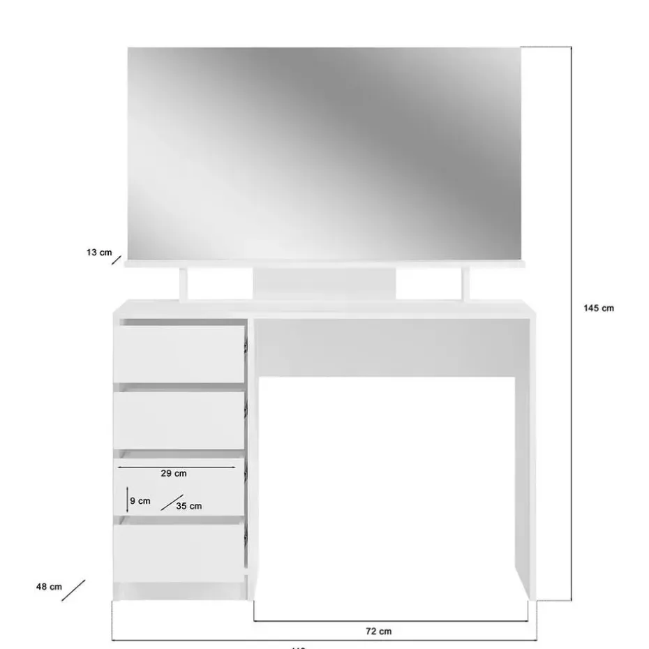 Hioshop Emma kaptafel 4 laden 1 plank- met spiegel wit hoogglans