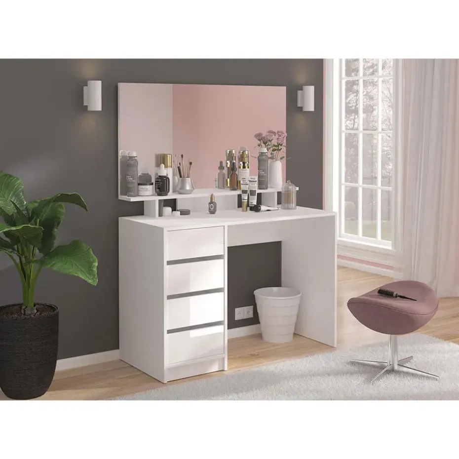 Hioshop Emma kaptafel 4 laden 1 plank- met spiegel wit hoogglans
