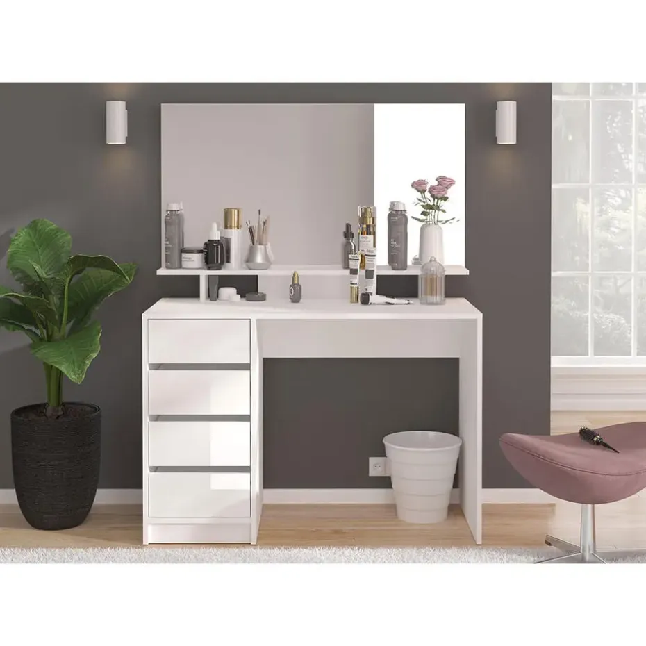 Hioshop Emma kaptafel 4 laden 1 plank- met spiegel wit hoogglans