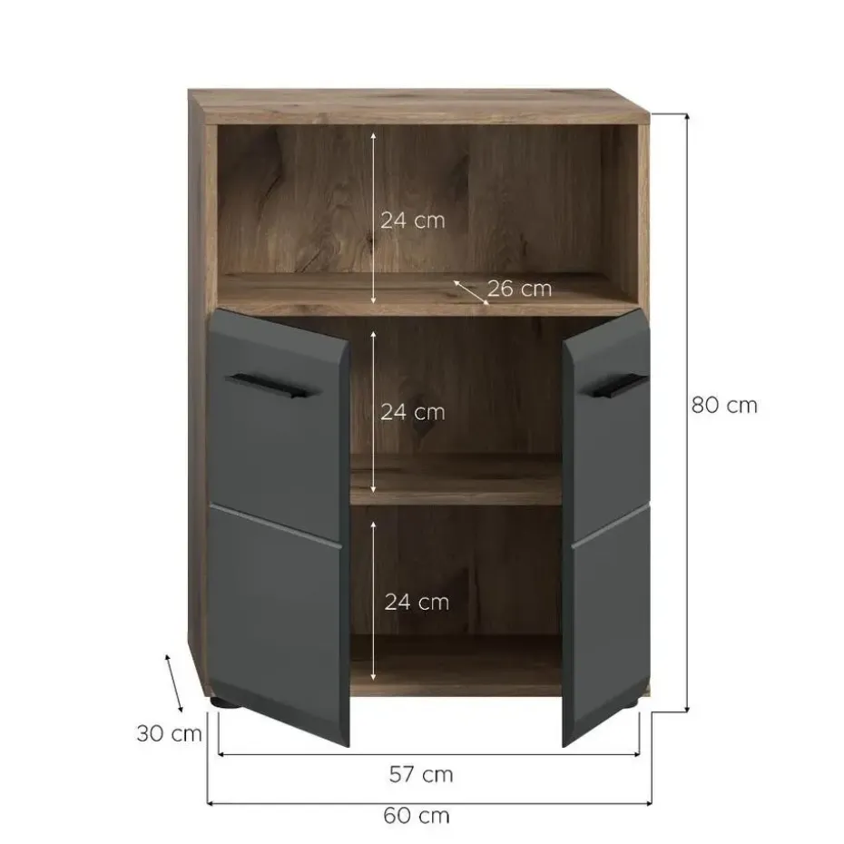 Hioshop Ice badkamerkast 2 deuren- 1 plank zwart mat- eiken decor