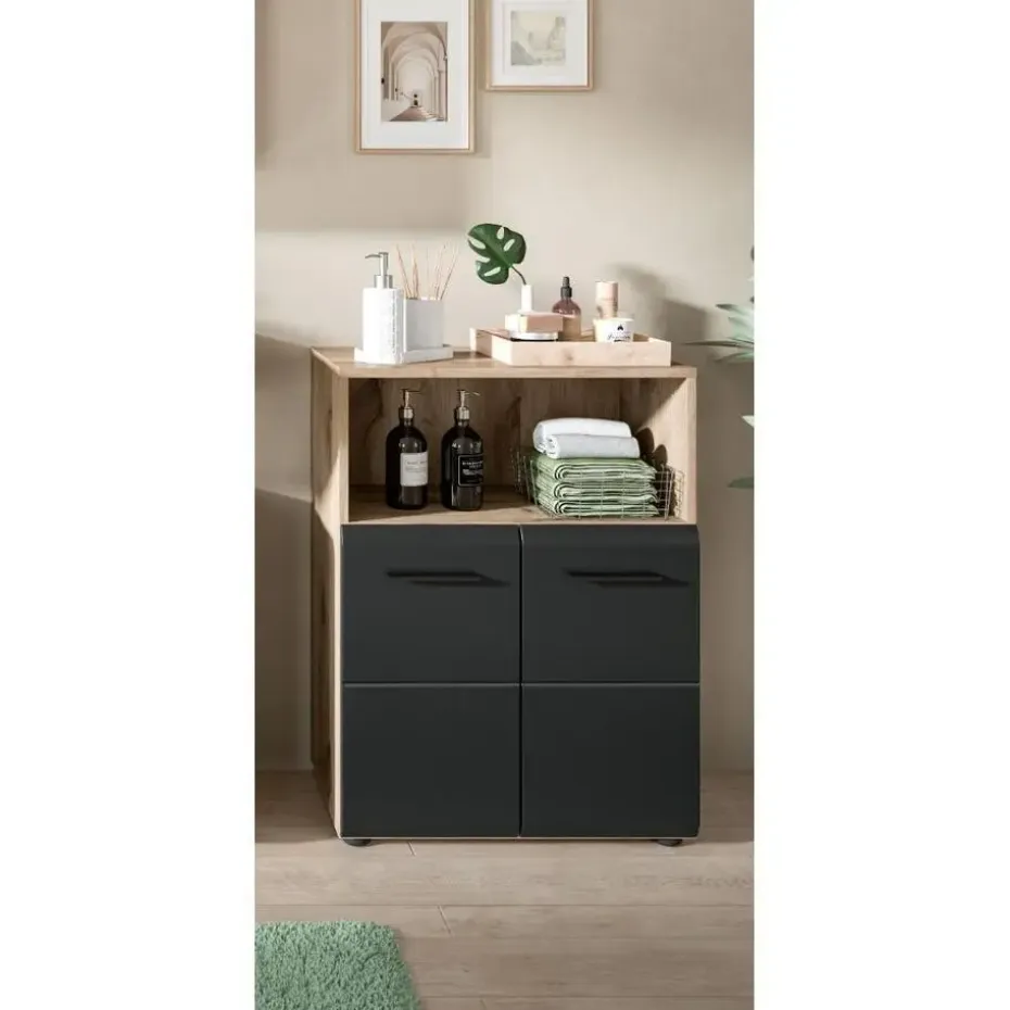 Hioshop Ice badkamerkast 2 deuren- 1 plank zwart mat- eiken decor