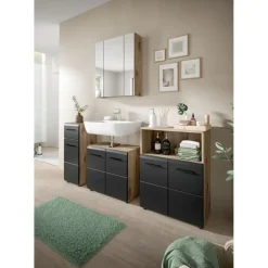 Hioshop Ice badkamerkast 1 deur- 1 lade zwart mat- eiken decor