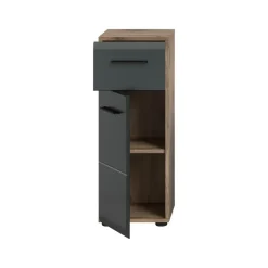 Hioshop Ice badkamerkast 1 deur- 1 lade zwart mat- eiken decor