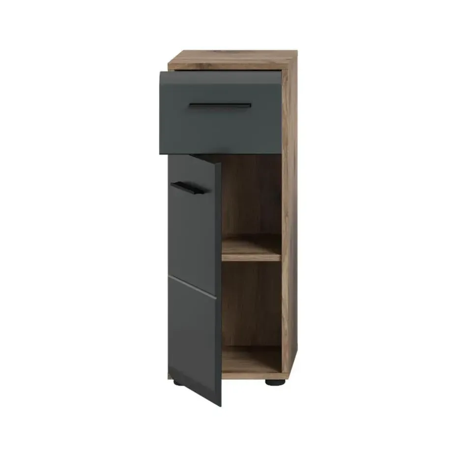 Hioshop Ice badkamerkast 1 deur- 1 lade zwart mat- eiken decor