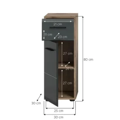 Hioshop Ice badkamerkast 1 deur- 1 lade zwart mat- eiken decor