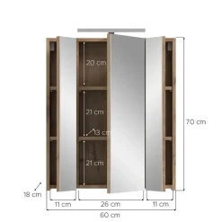 Hioshop Ice spiegelkast inclusief verlichting 3 spiegeldeuren zwart mat- eiken