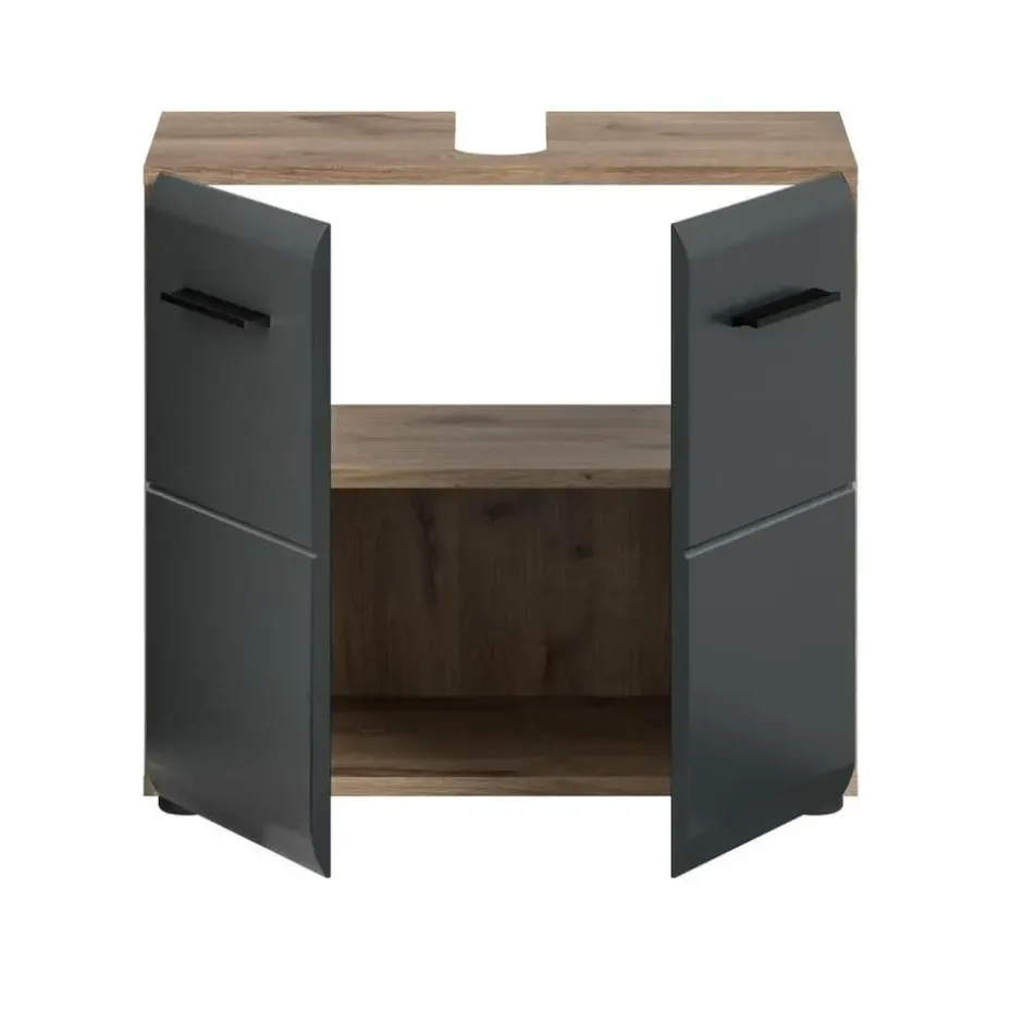 Hioshop Ice wastafel 2 deuren zwart mat- eiken decor