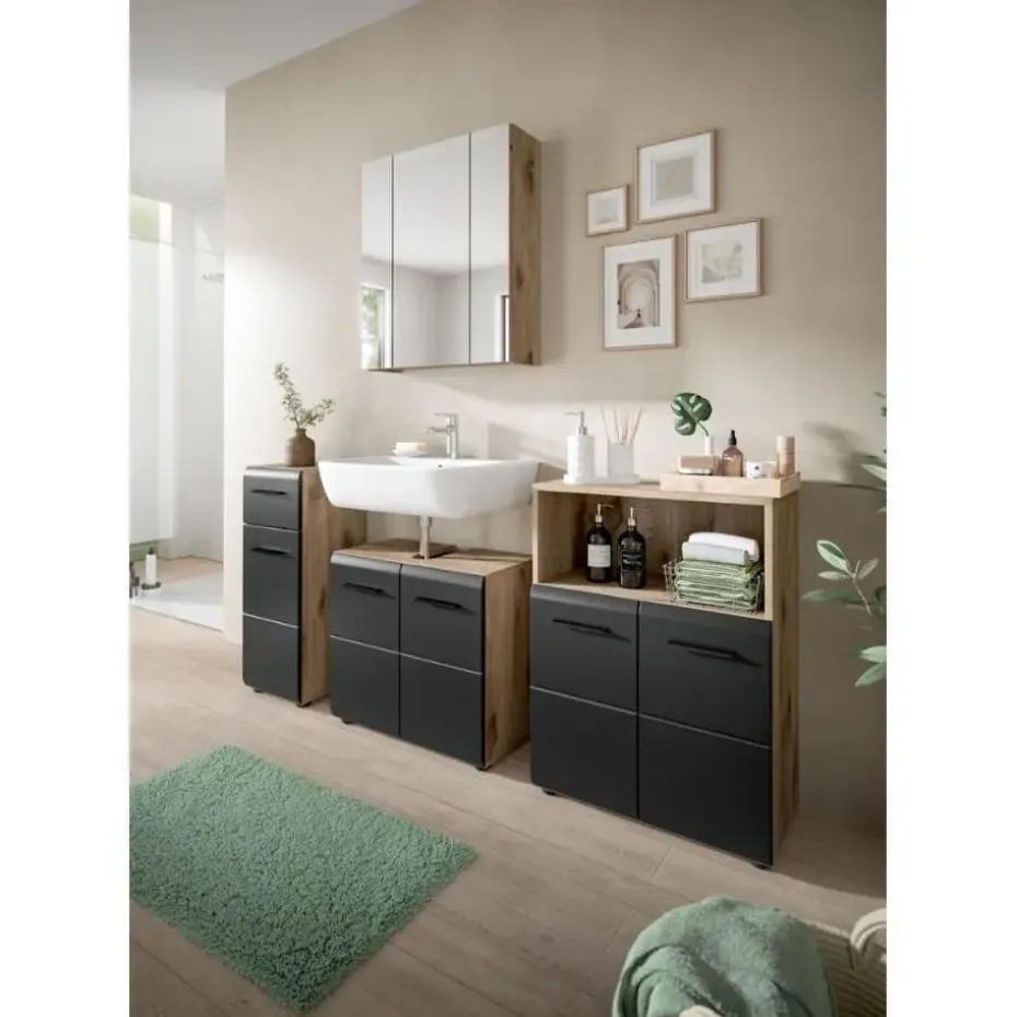 Hioshop Ice wastafel 2 deuren zwart mat- eiken decor