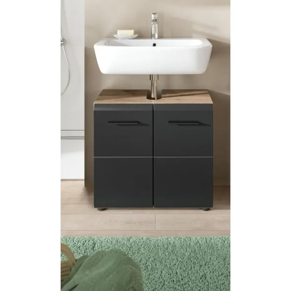 Hioshop Ice wastafel 2 deuren zwart mat- eiken decor