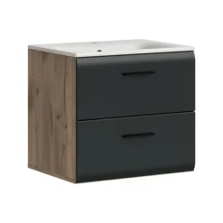 Hioshop Ice wastafel inclusief was 2 lades zwart mat- eiken decor