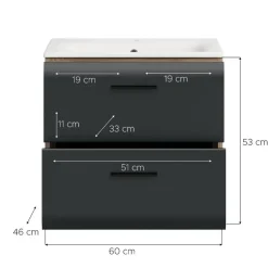 Hioshop Ice wastafel inclusief was 2 lades zwart mat- eiken decor