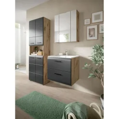 Hioshop Ice wastafel inclusief was 2 lades zwart mat- eiken decor