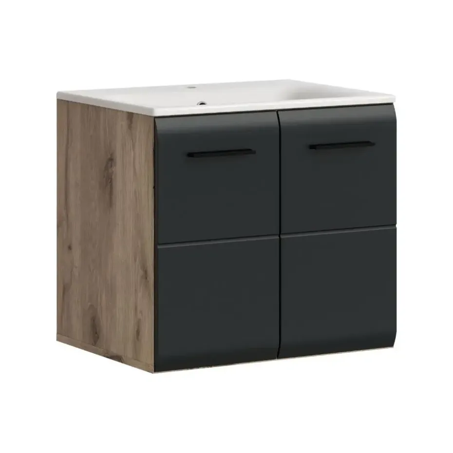 Hioshop Ice wastafel inclusief was 2 deuren zwart mat- eiken decor