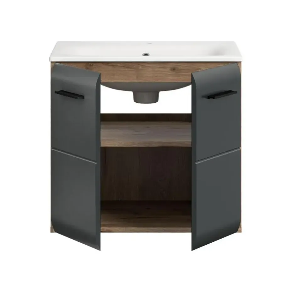 Hioshop Ice wastafel inclusief was 2 deuren zwart mat- eiken decor