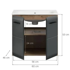 Hioshop Ice wastafel inclusief was 2 deuren zwart mat- eiken decor