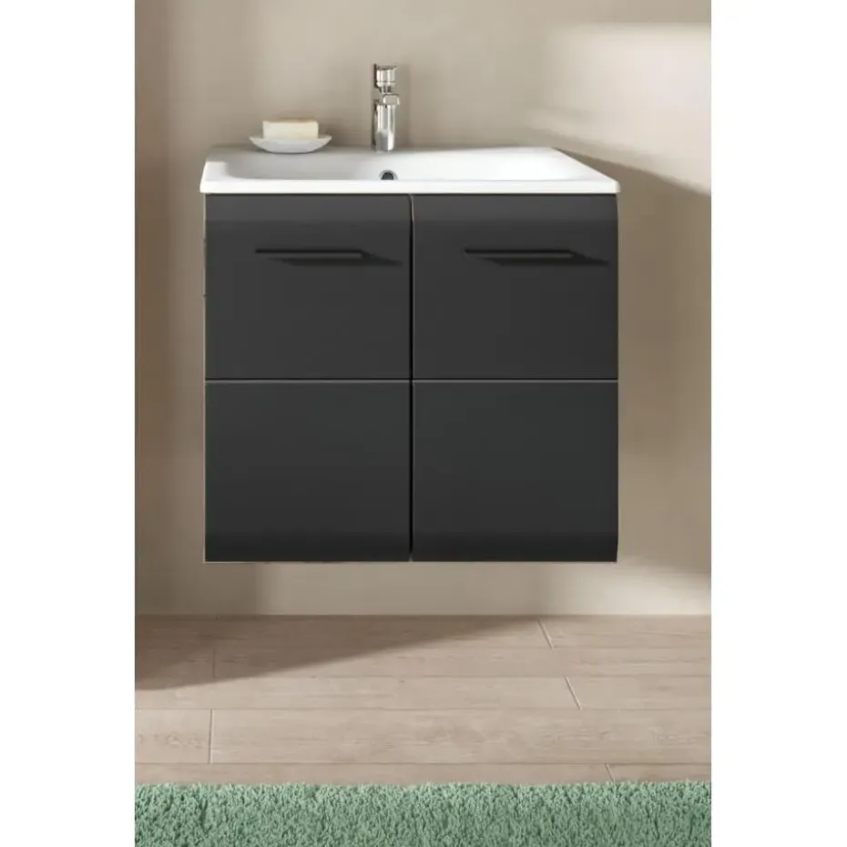 Hioshop Ice wastafel inclusief was 2 deuren zwart mat- eiken decor