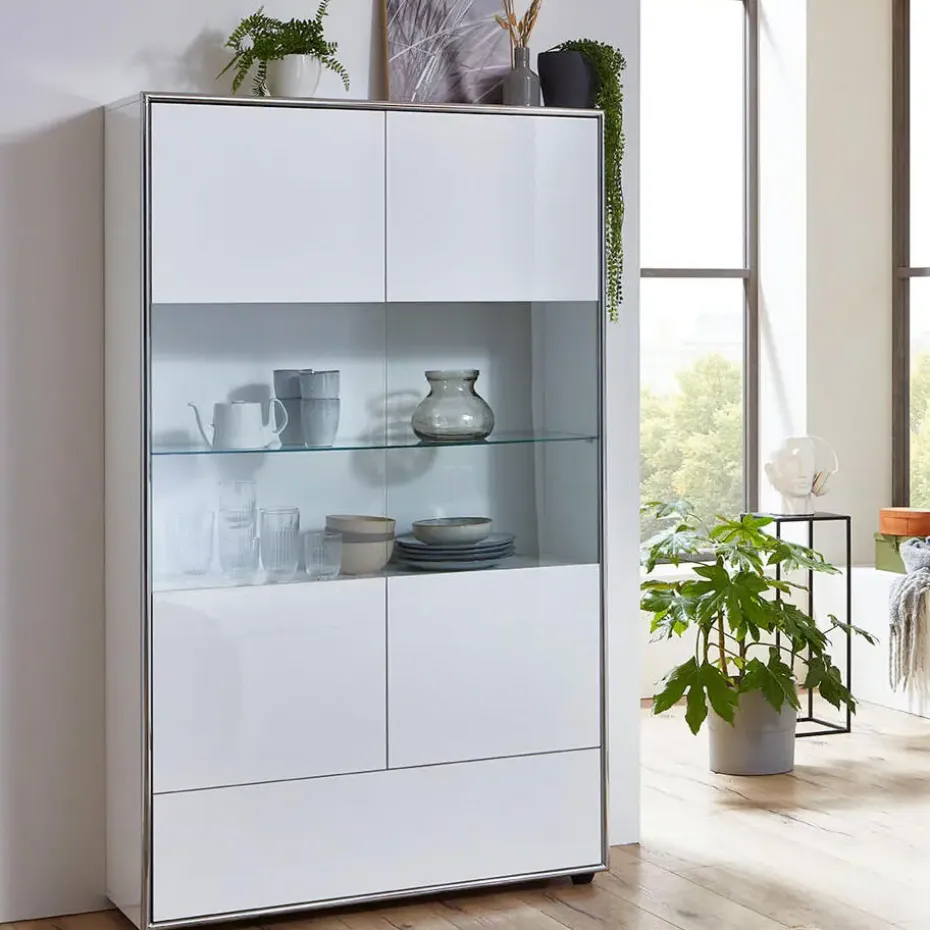 Hioshop Kenan vitrinekast 2 deuren- 1 lade wit hoogglans gelakt