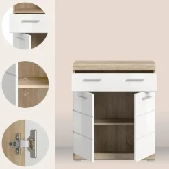 Hioshop Lambada badkamerkast 2 deuren- 1 lade wit hoogglans- eiken decor