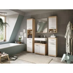 Hioshop Lambada spiegel bad 1 deur- 1 plank wit hoogglans- eiken decor