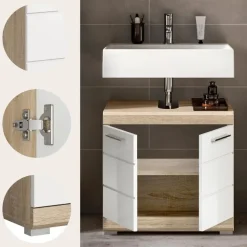 Hioshop Lambada wastafel 2 deuren wit hoogglans- eiken decor