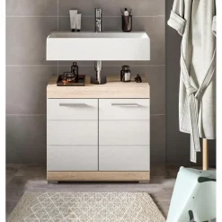 Hioshop Lambada wastafel 2 deuren wit hoogglans- eiken decor