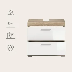 Hioshop Lambada wastafel 2 deuren- 2 lades- 2 planken wit hoogglans- eiken