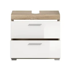 Hioshop Lambada wastafel 2 deuren- 2 lades- 2 planken wit hoogglans- eiken