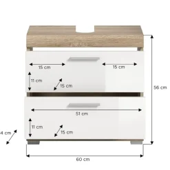 Hioshop Lambada wastafel 2 deuren- 2 lades- 2 planken wit hoogglans- eiken