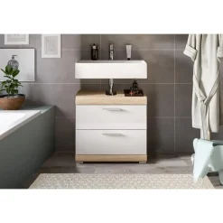 Hioshop Lambada wastafel 2 deuren- 2 lades- 2 planken wit hoogglans- eiken