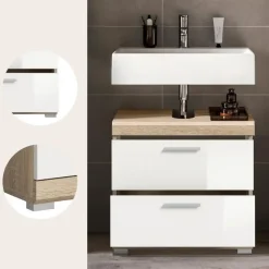 Hioshop Lambada wastafel 2 deuren- 2 lades- 2 planken wit hoogglans- eiken