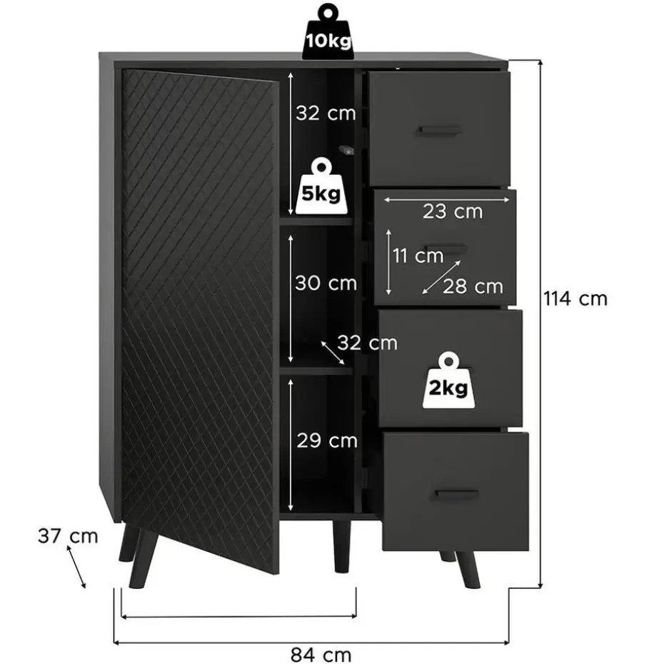 Hioshop Linea dressoir 4 laden 1 deur mat grijs