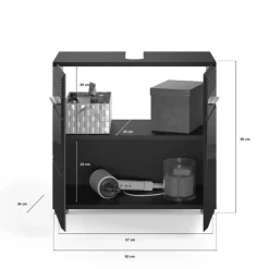 Hioshop Linus wastafel 2 deuren zwart hoogglans- zwart