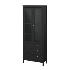 Hioshop Madrid vitrinekast 2 glazen deuren 3 laden zwart mat
