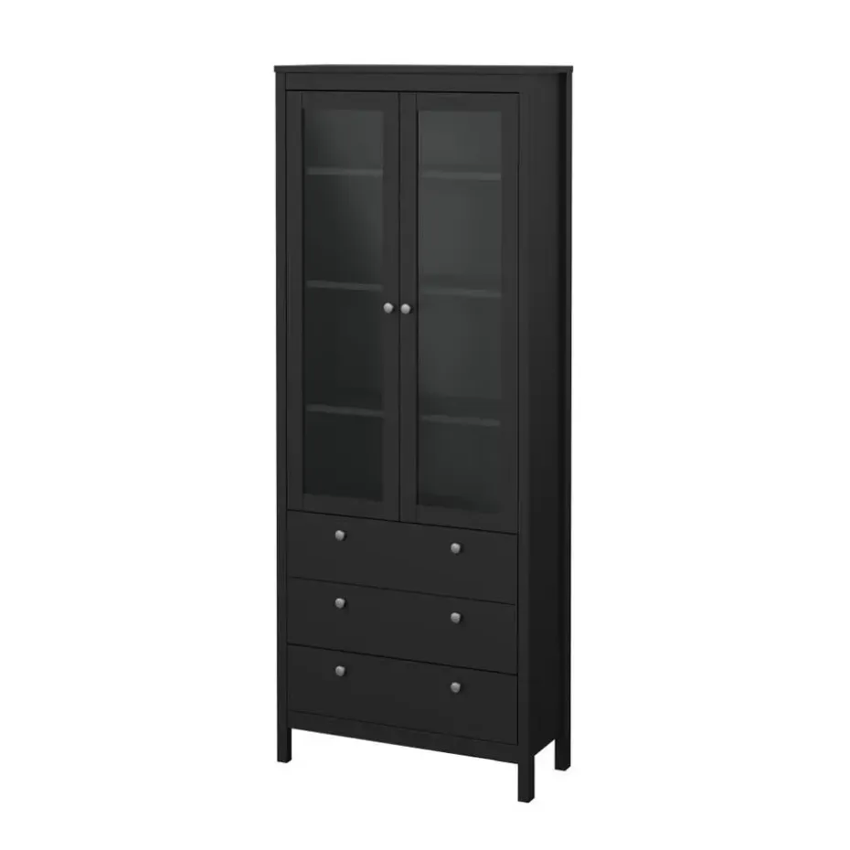 Hioshop Madrid vitrinekast 2 glazen deuren 3 laden zwart mat
