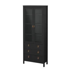 Hioshop Madrid vitrinekast 2 glazen deuren 3 laden zwart mat